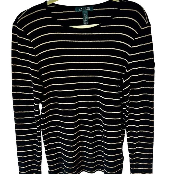 Lauren Ralph Lauren Black Gold Striped Long Sleeve Sweater Women’s  Large - Picture 1 of 5